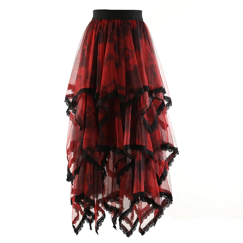 

PHOEBE HZ 2023 New Style Early Autumn Lace Tiered Skirt Women Print Black Irregular Casual Mesh Puffles Skirt Female High Street