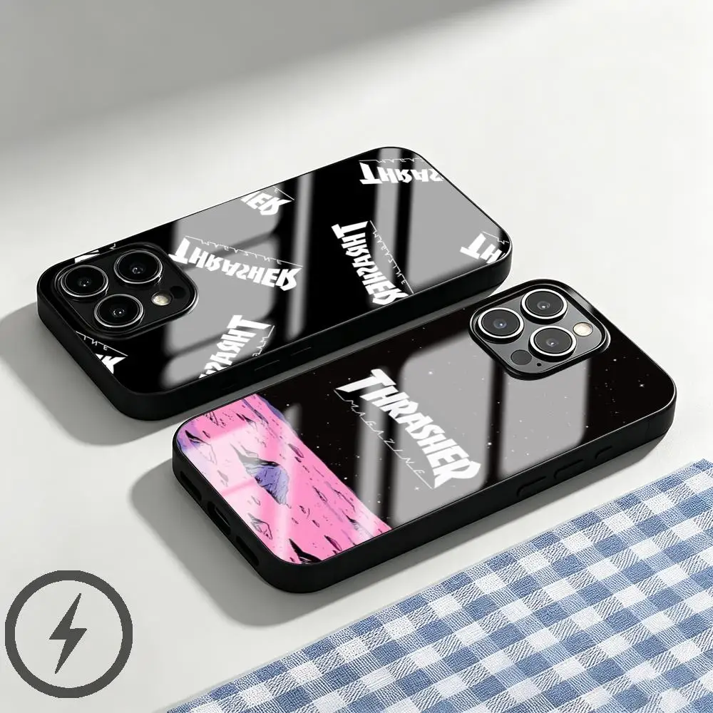 Фото Чехол для телефона Brand THRASHER для iPhone 17 16 15 14 13 12 11 X XR XS 8 Plus Mini Pro Max, стеклянный, магнитный №1