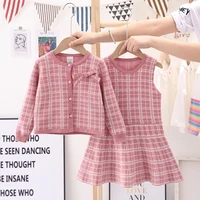 winter 2022 plaid warm cardigan coat sleeveless vest dresses for girls suits sweater kids clothing party weddings sets 2 7 years