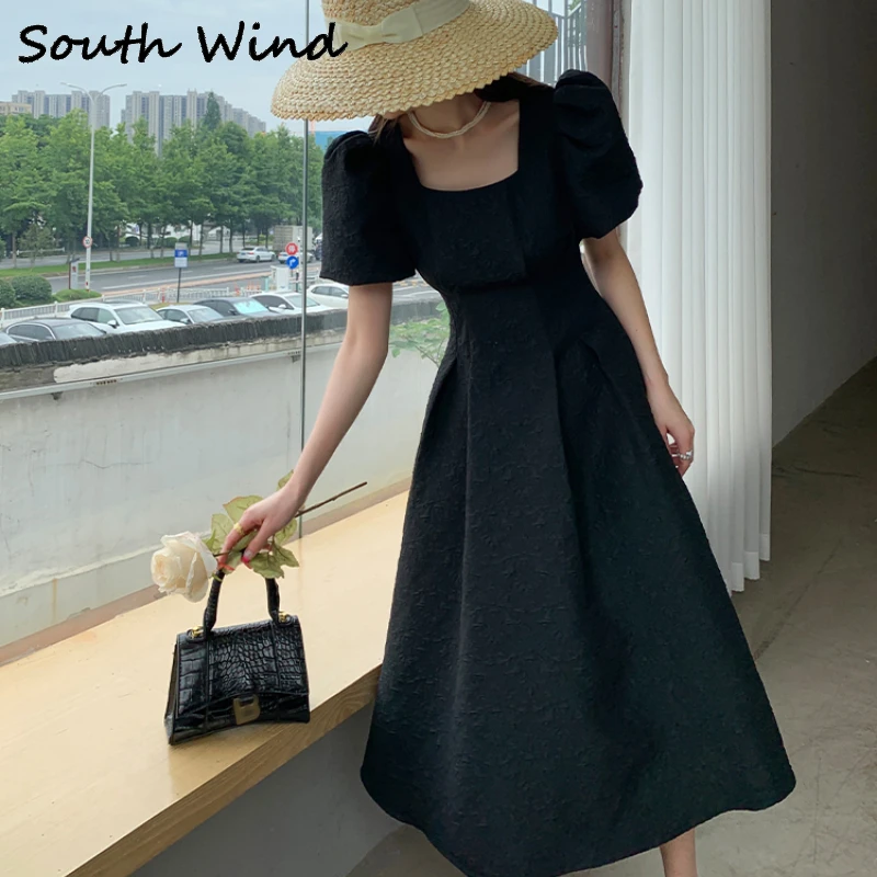 

Summer Elegant Dress Square Collar Puff Sleeve Ruffle Female Dresses High Waist Party Women's Dress Vestido