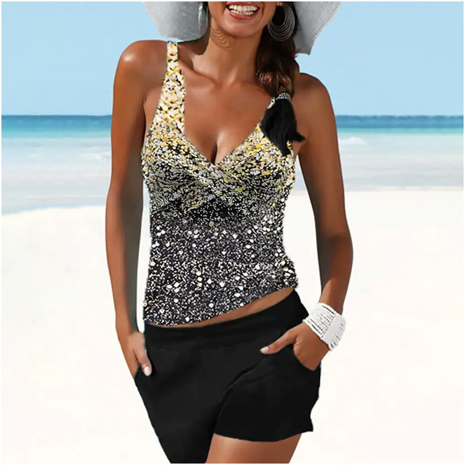 

Женский купальник-танкини из 2 предметов, обычный купальник с высокой талией и цветными блоками, золотистые, черные, с V-образным вырезом, спортивные купальные костюмы