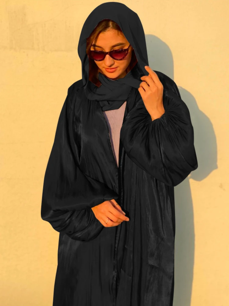 Silky Open Abaya Kimono Cardigan Summer Shiny Puff Sleeve Abayas for Women Dubai Turkey Muslim Hijab Dress Islam Clothes Kaftan