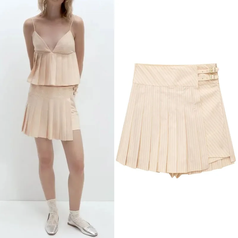 

TRAF 2023 Striped Pleated Skorts Women Summer High Waisted Skirt Fashion Box Pleat Hem Shorts Sets Sexy Party Streetwear Skort