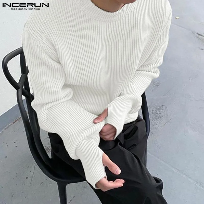 

INCERUN Tops 2023 Korean Style New Men's Solid All-match Round Neck Sweater Casual Simple Male Loose Comfortable Pullover S-5XL