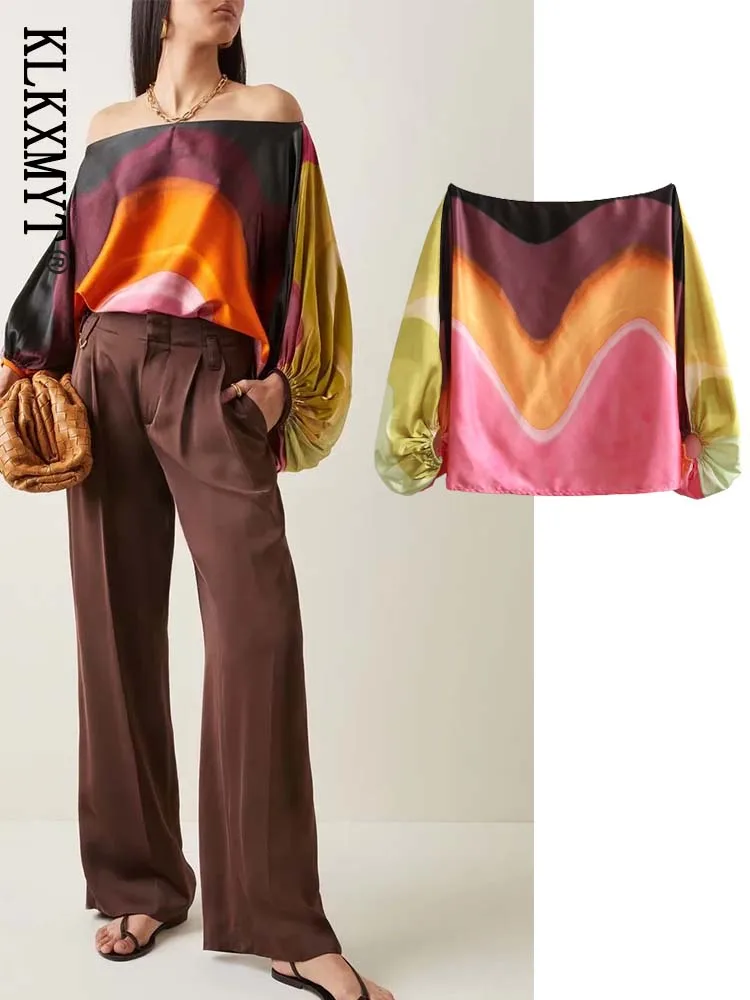 

Klkxmyt TRAF женские модные укороченные блузки с градиентным принтом винтажные свободные женские рубашки с воротником-лодочкой и длинным рукаво...