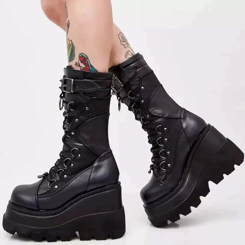 2022 Punk Style Metal Buckle Thick Soled Mid Length Boots Motorcycle Wedge Heel Mid Tube Rider Boots