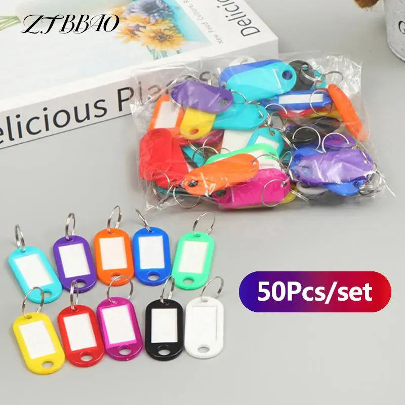 

50pcs/lot Plastic Keychain Key Tags label Colorful ID Label Name Tags With Split Ring Numbered Name Baggage Tag