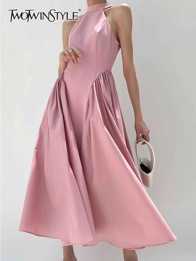 

TWOTWINSTYLE Patchwork Folds Dresses For Women Halter Sleeveless High Waist Tunic Slimming Solid Minimalist Dress Female Fashion
