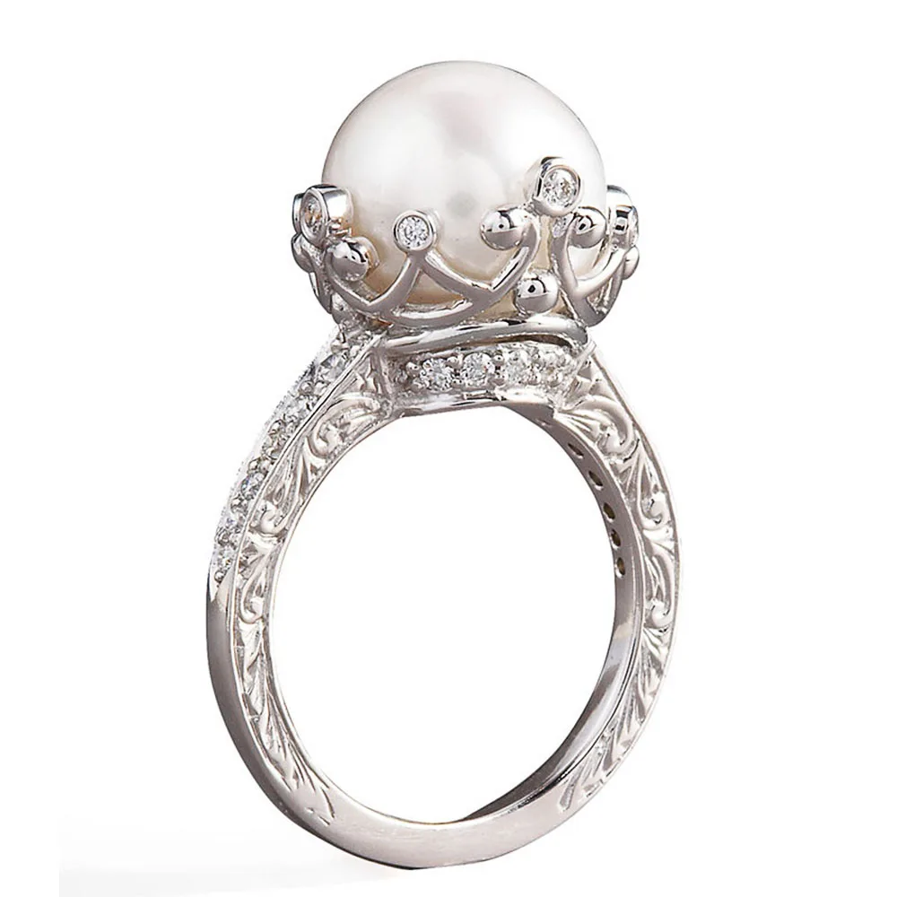 

Huitan Unique Design Big Round Imitation Pearl Setting Rings for Women Engagement Wedding Party Fashion Female Ring Hot Jewelry