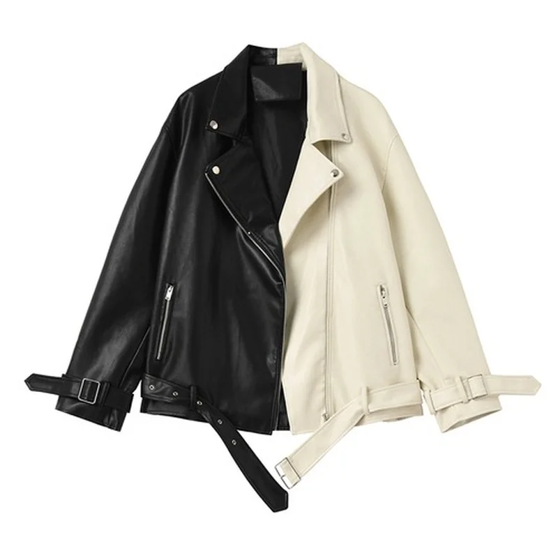 Women Bike Moto Jacket Autumn Loose Oversize Faux Leather Coat Woman Patchwork Color Black White PU Outwear Fall woman jacket