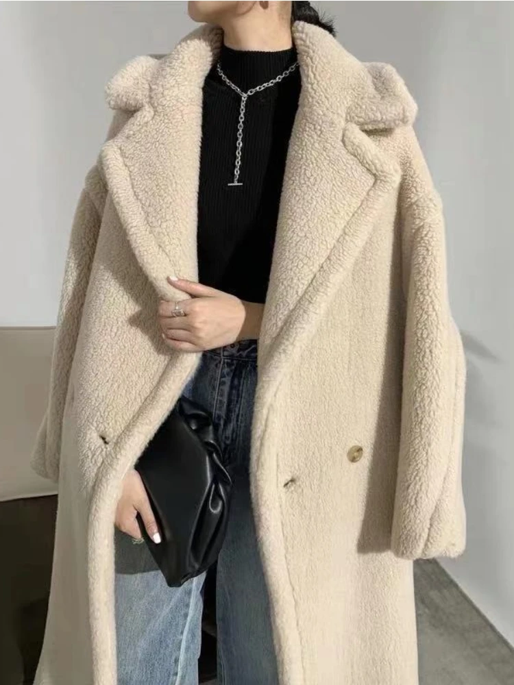 Fashion Thick Warm Khaki Teddy Coat Women 2022 Winter New Elegant Mid-length Faux Lamb Wool Plush Coats Ladies Casual Outwear