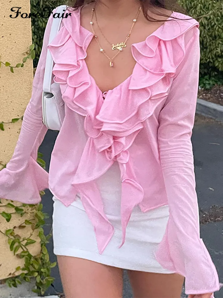 

Женский укороченный топ с оборками, длинным рукавом и V-образным вырезом