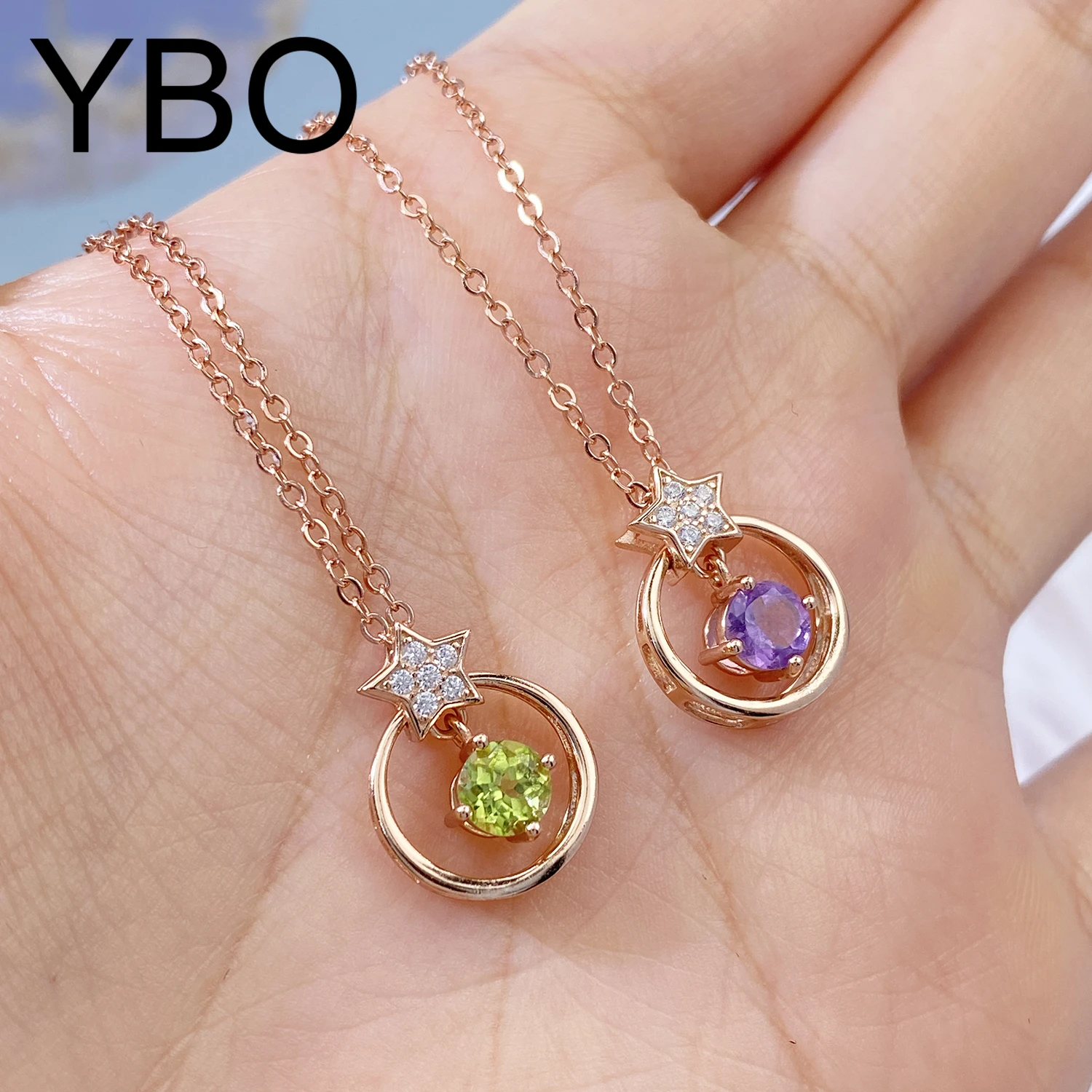 

YBO Luxury Natural Gemstone Necklaces Women 925 Sterling Silver Amethyst Peridot Pentagram Pendant Neck Chain Party Dating Jewel