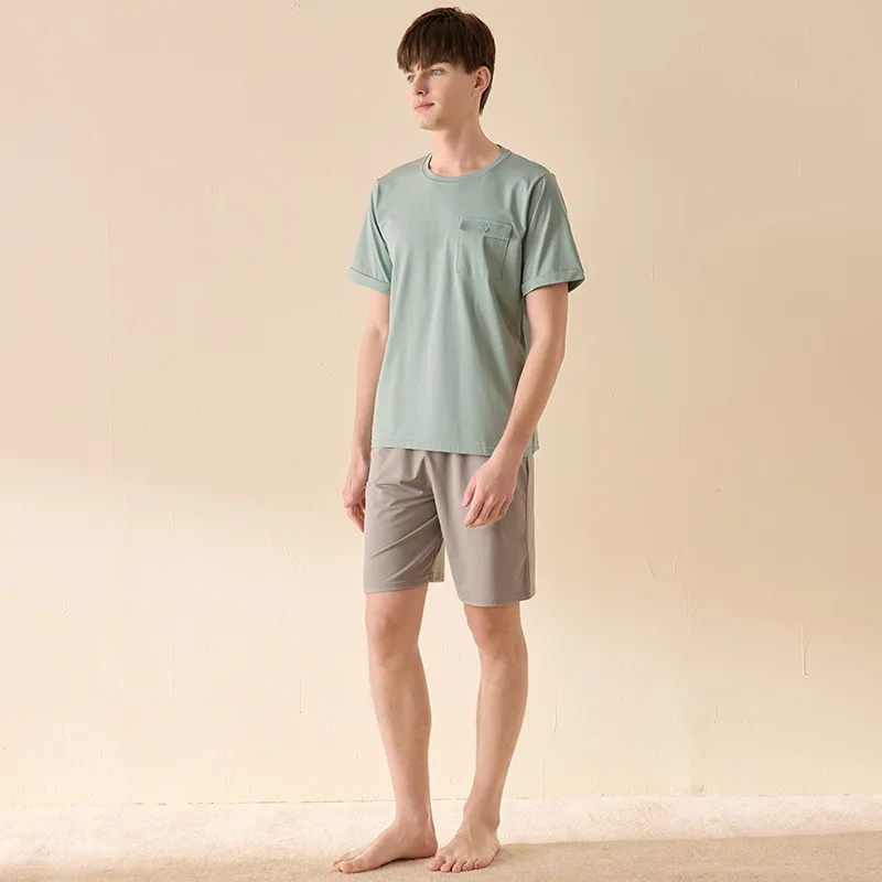 

2022 New Summer 40S Cotton Pajamas Sets Men Homewear Boy High Quality Short Sleeve Night Sleep Pants