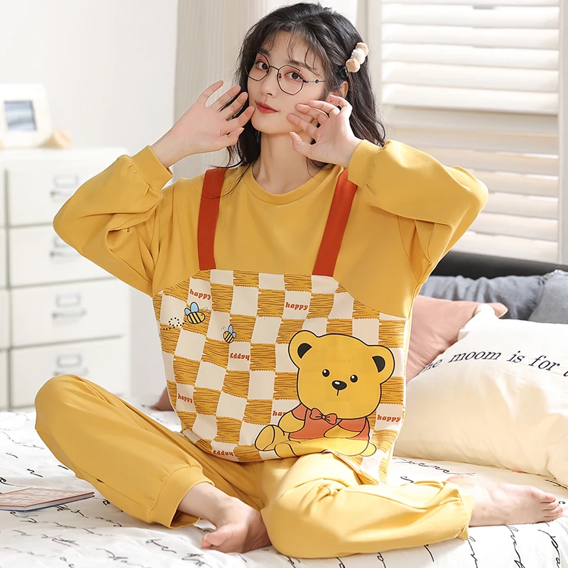 

Autumn Pure Cotton Pajama Sets Women Pyjamas Cartoon Bear Plaid Sleepwear Loungewear Pijama Mujer Nightsuits Homewear Fashion