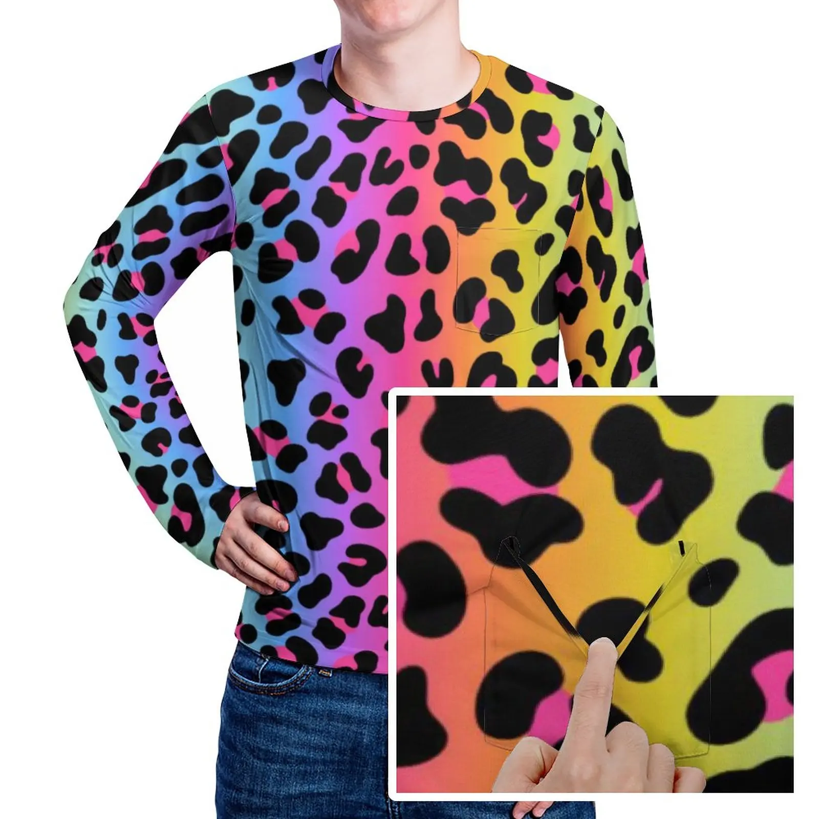 

Футболка мужская оверсайз с длинным рукавом, уличная одежда с радужным леопардовым принтом, трендовый топ на осень