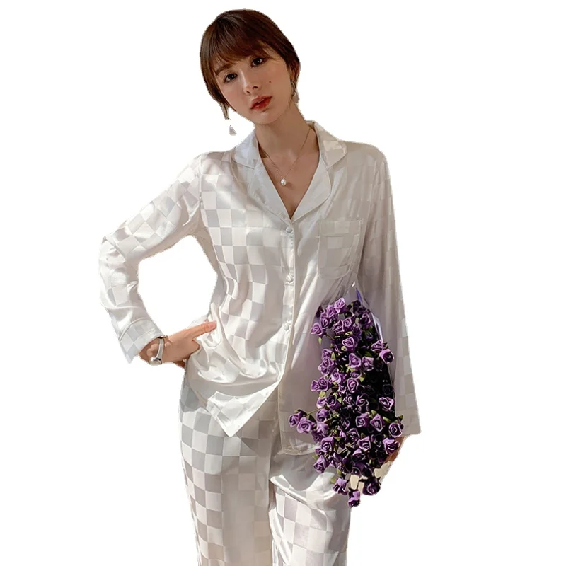 Pajamas Women's Silk Long-sleeved Pajamas Pajamas Suit Jacquard Plaid High-grade Ice Silk Can Be Worn Outside Home Wear Pajamas