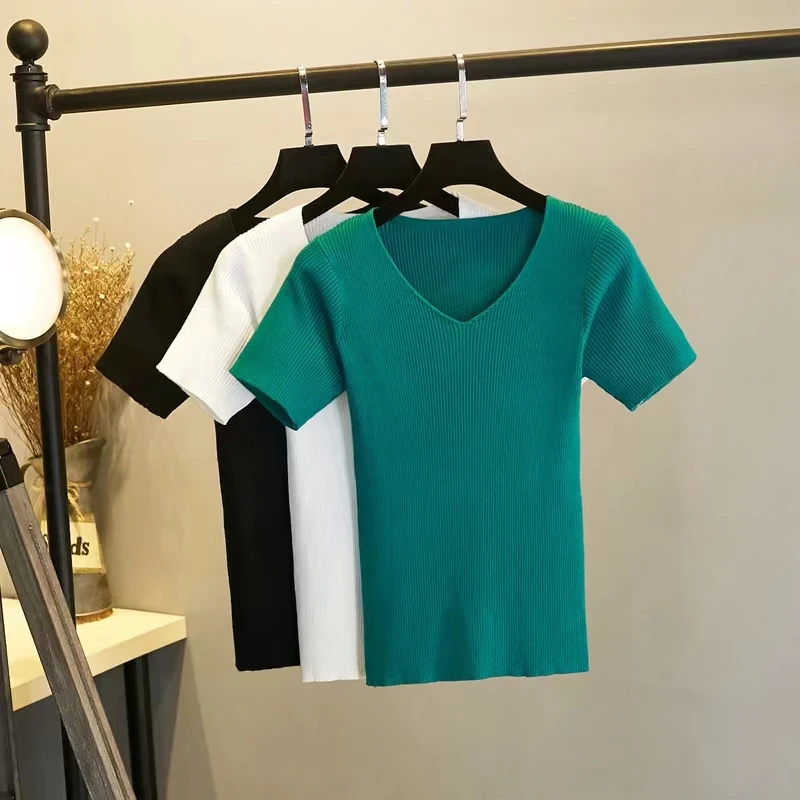 

Summer women's T-shirt fashion slim basic v-neck short-sleeved T shirt top women's casual T shirt