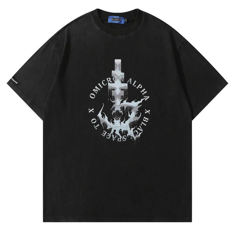 

2022 Men Hip Hop Streetwear T Shirt Letter Cross Print Vintage Gothic Short Sleeve Tops Summer Harajuku Casual Cotton T Shirts