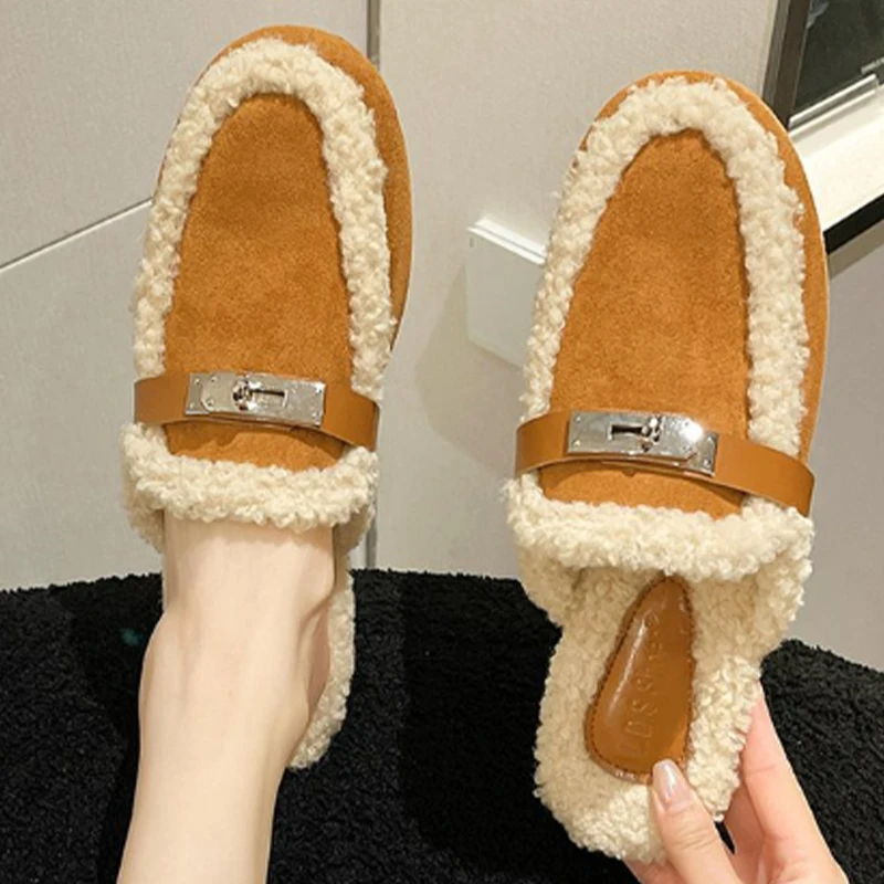 

Женские повседневные шлепанцы на плоской подошве, дизайнерские прогулочные ботинки без задника, домашняя обувь, Зимние удобные короткие плюшевые ботинки, новинка 2024