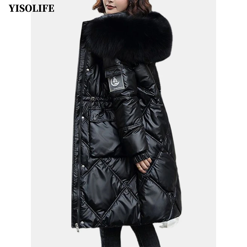 

YISOLIFE Winter Faux Fur Trim Hooded Quilted Jackets for Women Waist Drawable Padded jackets Waterproof Quilted Coats