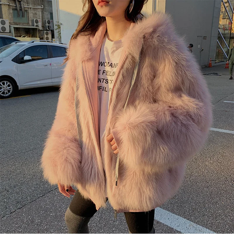 Fox Fur Collar Hooded Luxury Rabbit Faux Fur Jacket Manteau Femme Hiver Plus Size Patch White Teddy Coat Woman Winter Overcoat