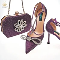 qsgfc 2022 latest party womens shoes and bags set pointed toe high heels full upper inlaid d purple color rhinestones