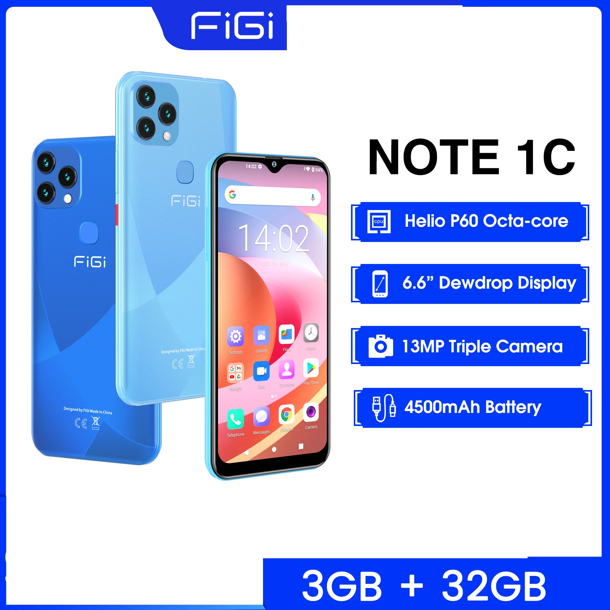 

FIGI Global version NOTE1C 6.6" Screen Smartphone 3+ 32GB Quad-core 5+13MP Triple Camera Battery 4500mAh Android 11 Smartphone
