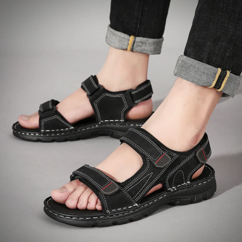 

Мужские сандалии и шлепанцы из воловьей кожи, повседневная спортивная пляжная обувь, уличные тапочки, большие размеры, лето 2023