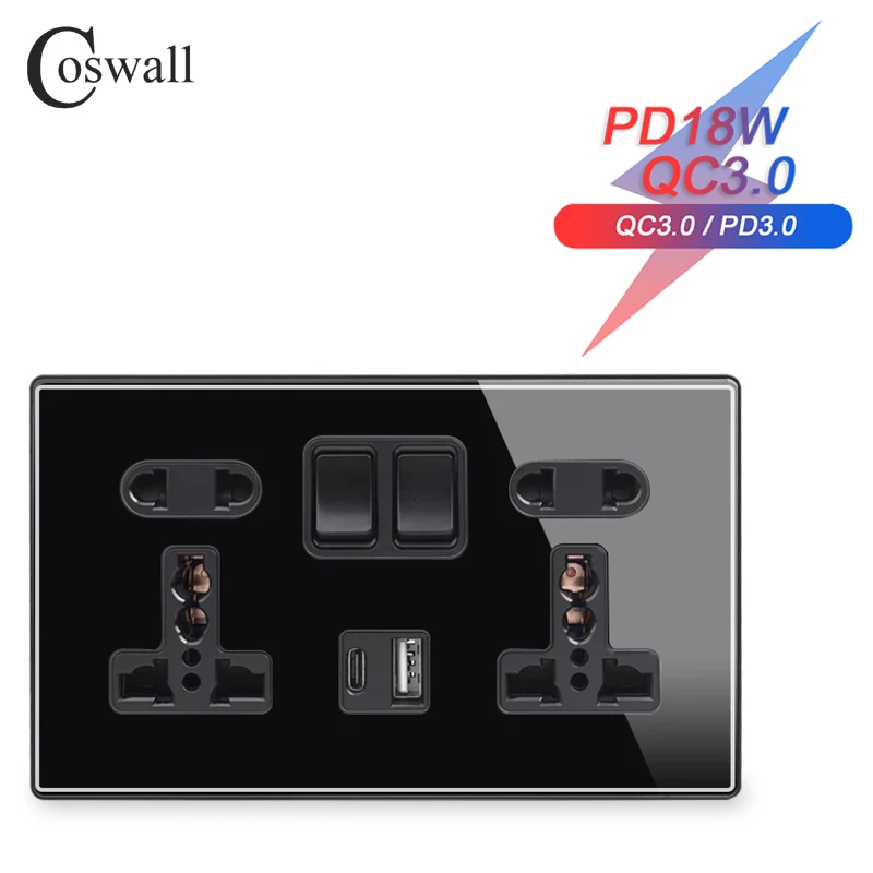 Фото Настенная розетка COSWALL PD 18 Вт Type-C, 3 А, USB-интерфейс для быстрой зарядки, стеклянная панель, двойная Универсальная Розетка с заземлением №1
