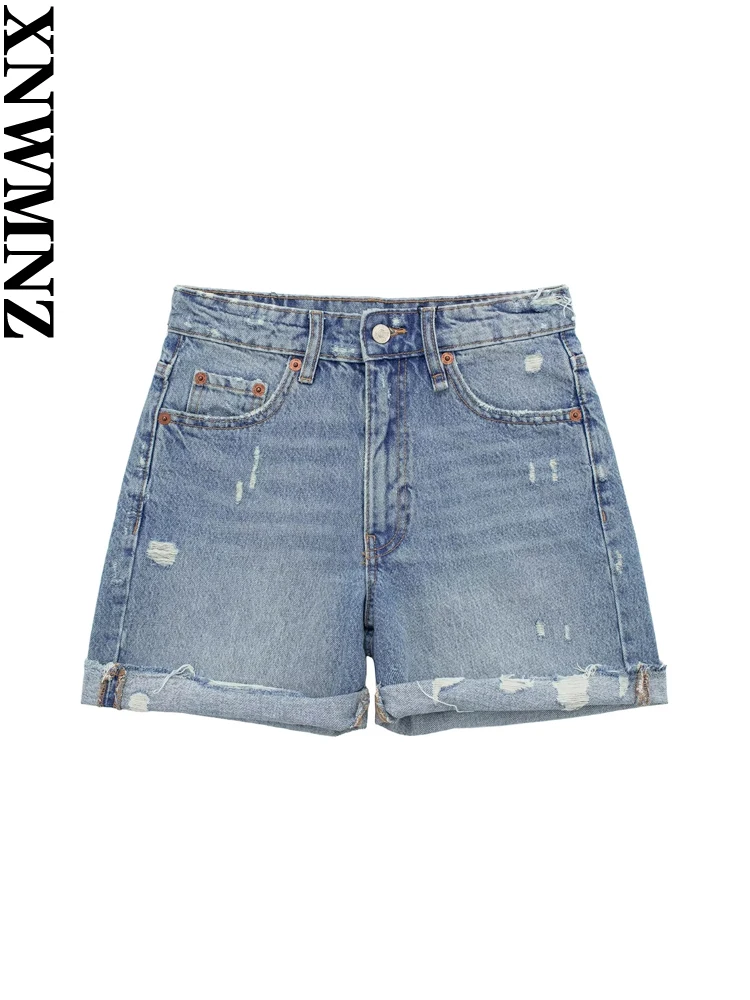 XNWMNZ Women's Fashion 2023 Bermuda Denim Shorts Women Vintage High Waist Zipper Seamless Hem Casual Female Shorts
