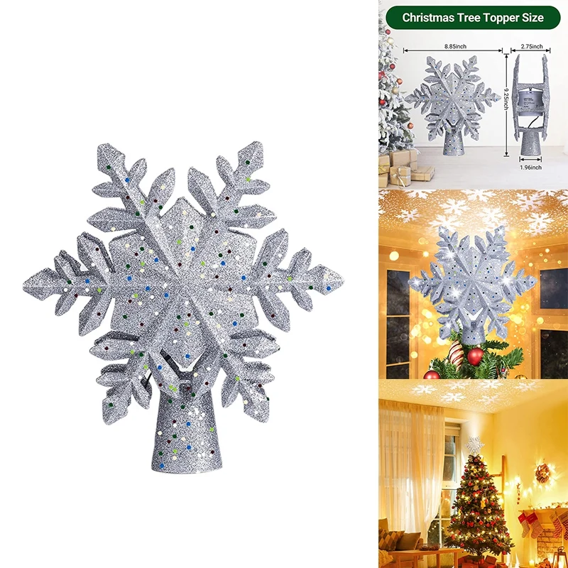 

Christmas Tree Topper, Snowflake Xmas Tree Topper Lighted With 3D Magic Rotating LED Hollow Glitter Projector