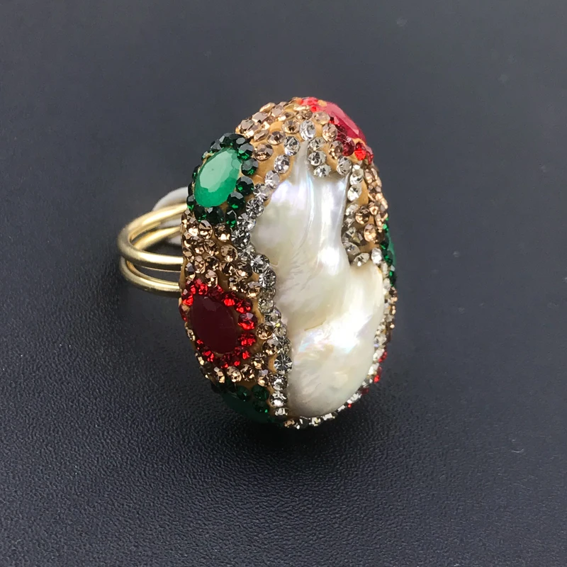 

CSJ Hand-pointed diamond wrapping ruby and emerald freshwater pearl ladies ring court style retro noble and elegant jewelry