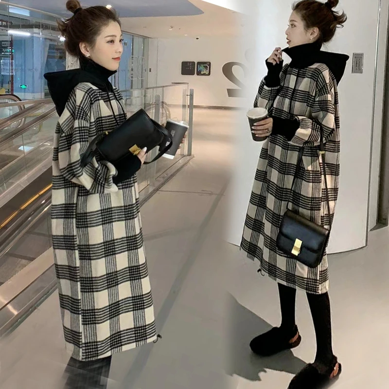 

Women's Long Sleeve Hoodie Loose Dress Fashion Coats Plaid Pullover Design Plus Size Female Tide O-Neck Casual Dress Streetwear