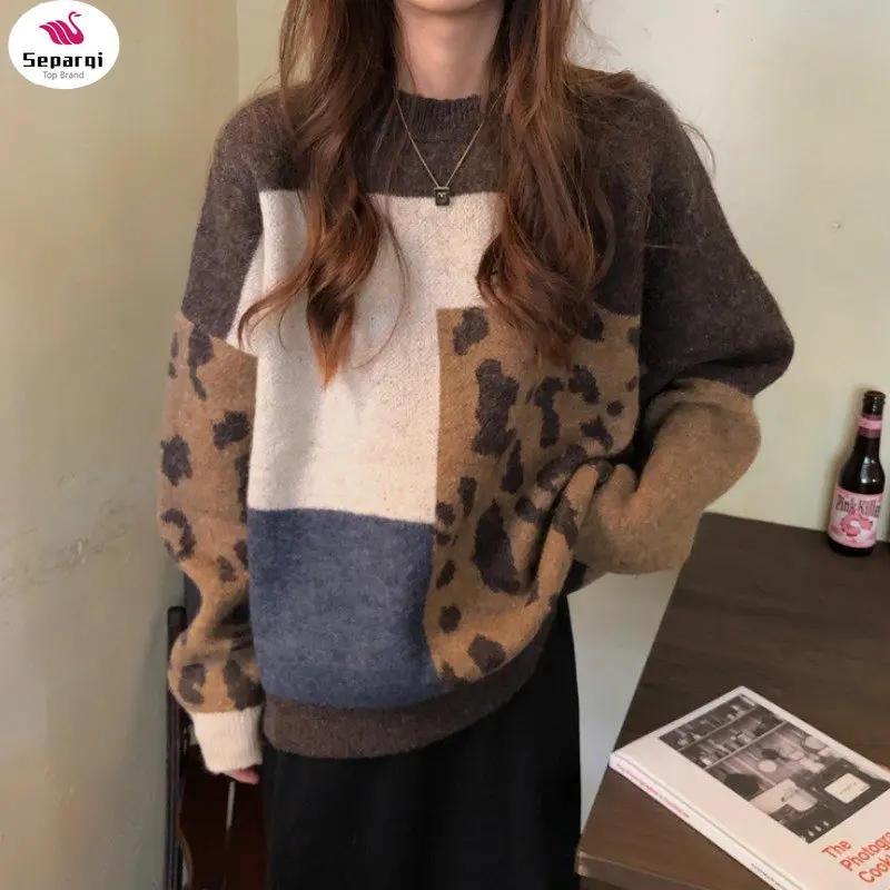 

SEPAQI Leopard Patchwork Cashmere Sweater Women Loose Casual Knitted Pullovers Autumn Soft Knitwear Female Retro Jumper