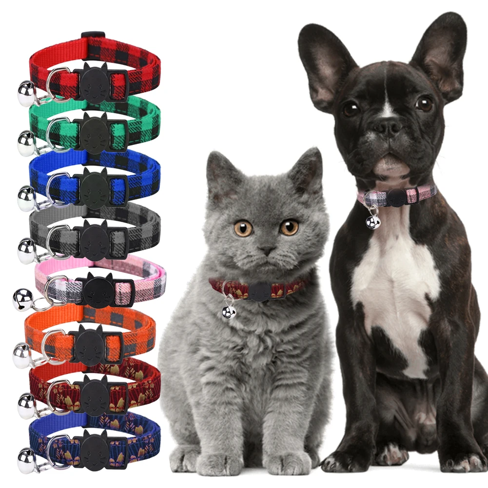 

Pet Cat Dog Safety Plaid Cat Collar Buckles With Bell Adjustable Cat Buckle Collars Suitable Kitten Puppy Accessories Supplies