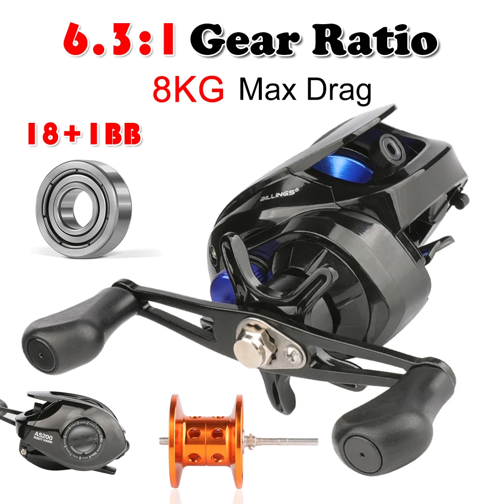 

Fishing Reel 8KG Max Drag Baitcasting Reel 6.3:1 Ratio 18+1BB With Magnetic Brake Freshwater Saltwater Bass Fishing Accessories