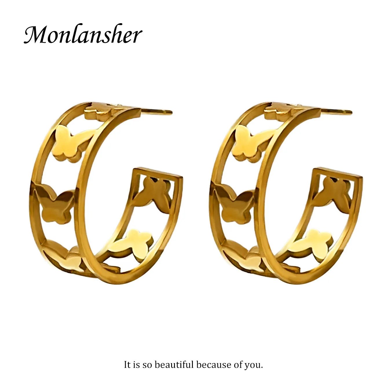 

Monlansher Dainty Multiple Butterfly Hollow Earrings Hoop for Women Gold Stainless Steel Wide Hoops Earring Tarnish Free Gift