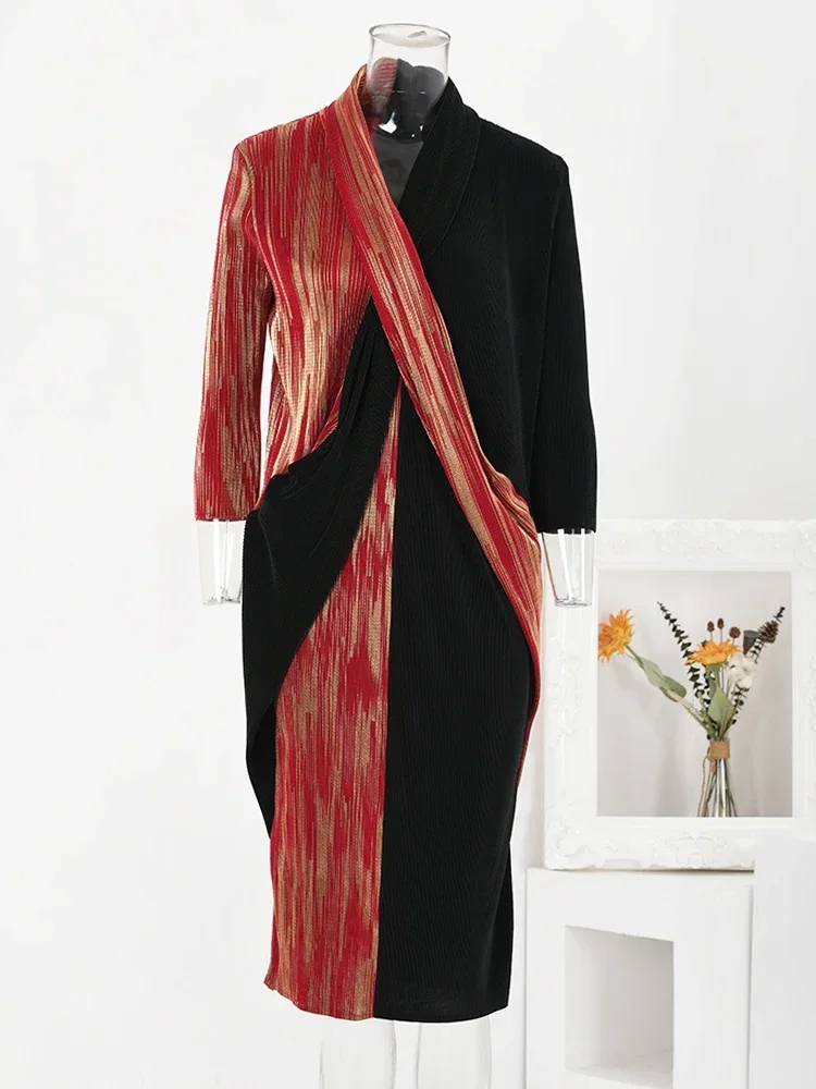 

Miyake Original Luxury Contrast Color Pleated Dress Women V Neck Irregular Slim Mid Lenght Dresses Elegant Party 2023 Autumn New