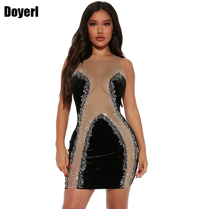 

Patchwork Sheer Mesh Rhinestone Mini Luxury Dress for Women Evening Party Bodycon Dress Elegant Velvet Club Sexy Short Dresses