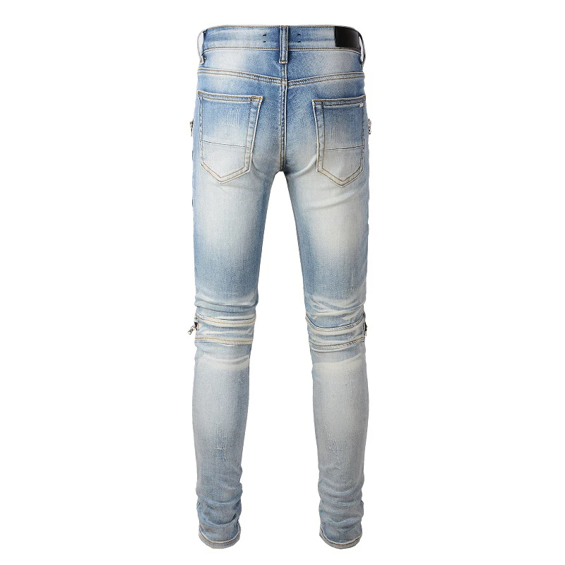 Men High Street Fashion Style Distressed Light Blue Bikers Skinny Stretch Streetwear Damaged Holes Slim Ripped Jeans