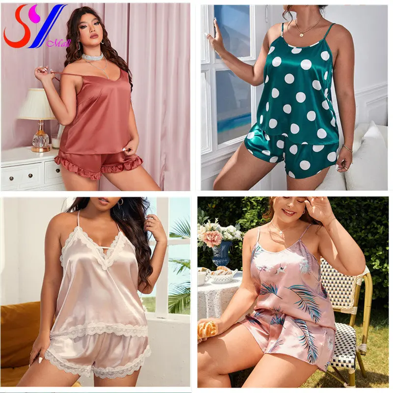 

Пижамный комплект 5XL Женский, шелковая Сексуальная Домашняя одежда, ночная рубашка, шорты на подтяжках, домашняя одежда, комплект из 2 предметов, на лето