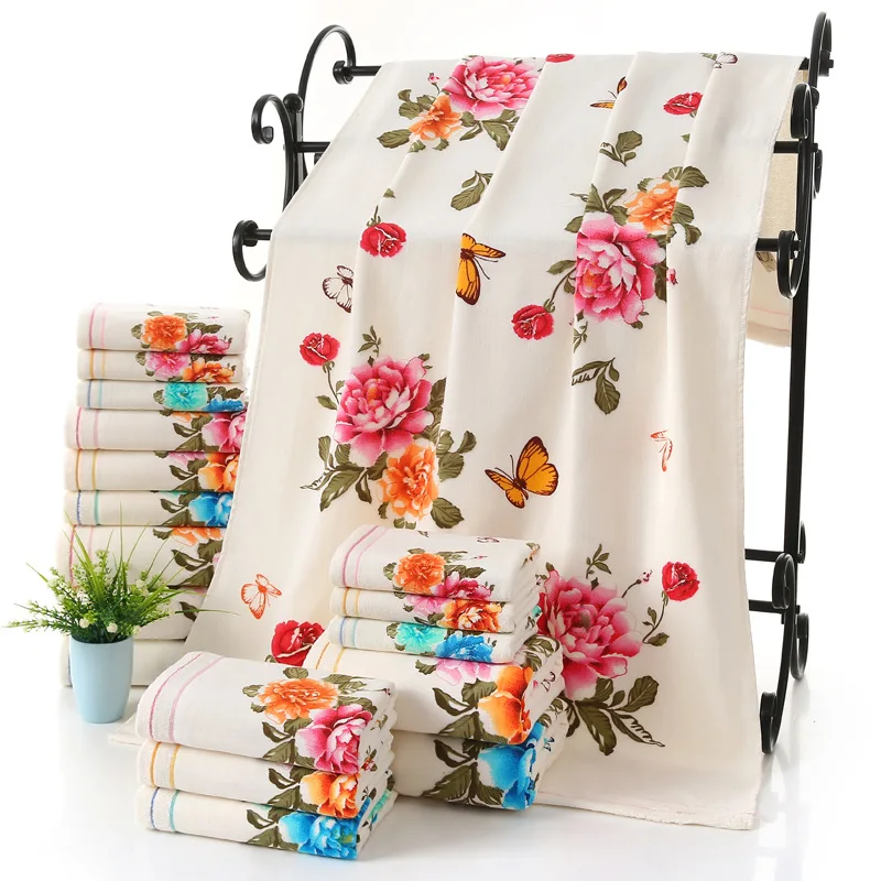 With Bath Towels High Quality Men Women Peony Beach Towel Bathroom Set For Family Guest Bathrooms Gym
