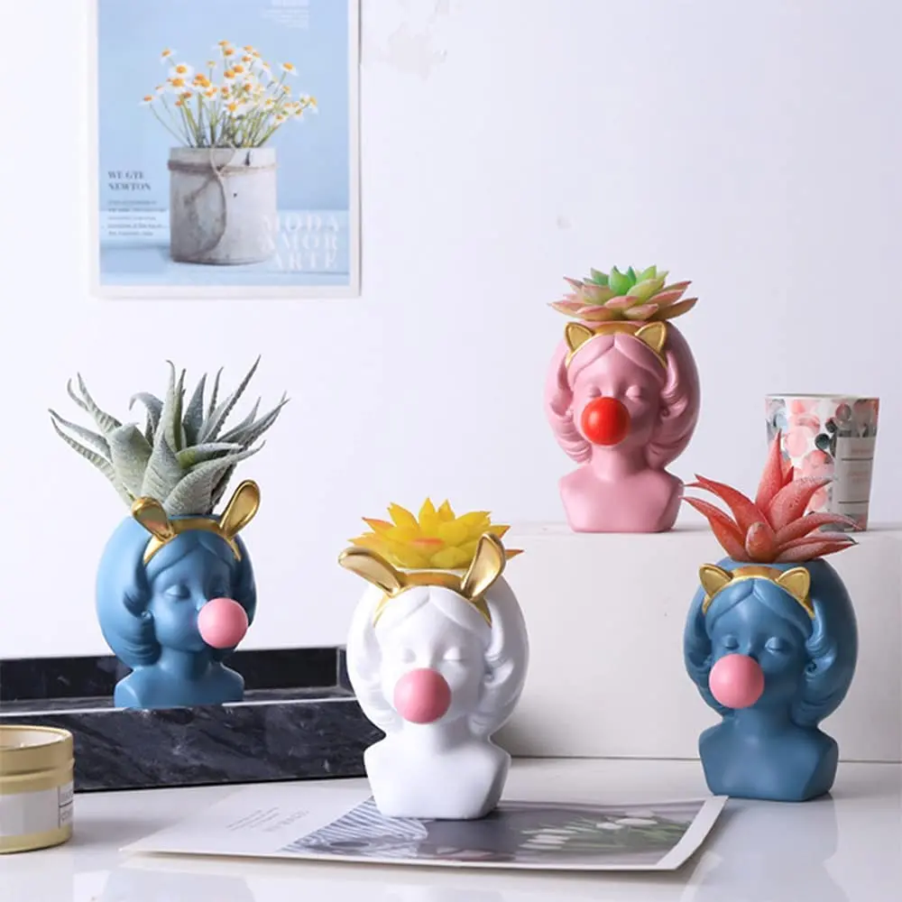 

Flowers For Vases Bubbles Decoration Vase Plant Face Pot Girl Funny Statue Resin Pot Succulent Flower Head Blowing Planter