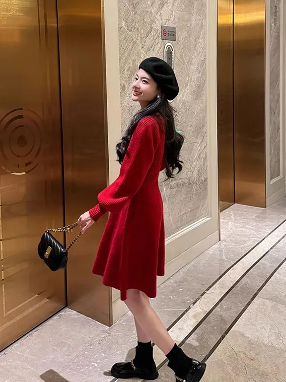 Малуань Рождество Новый год помолвка красное платье свитер зимняя вязаная юбка