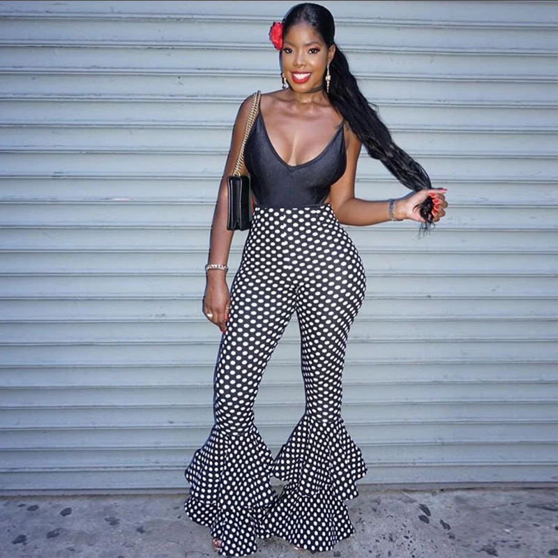 

Женские расклешенные брюки в горошек с завышенной талией, Клубные брюки с оборками, соблазнительные расклешенные брюки с широкими штанинами, уличная мода в индейсском стиле, 2021