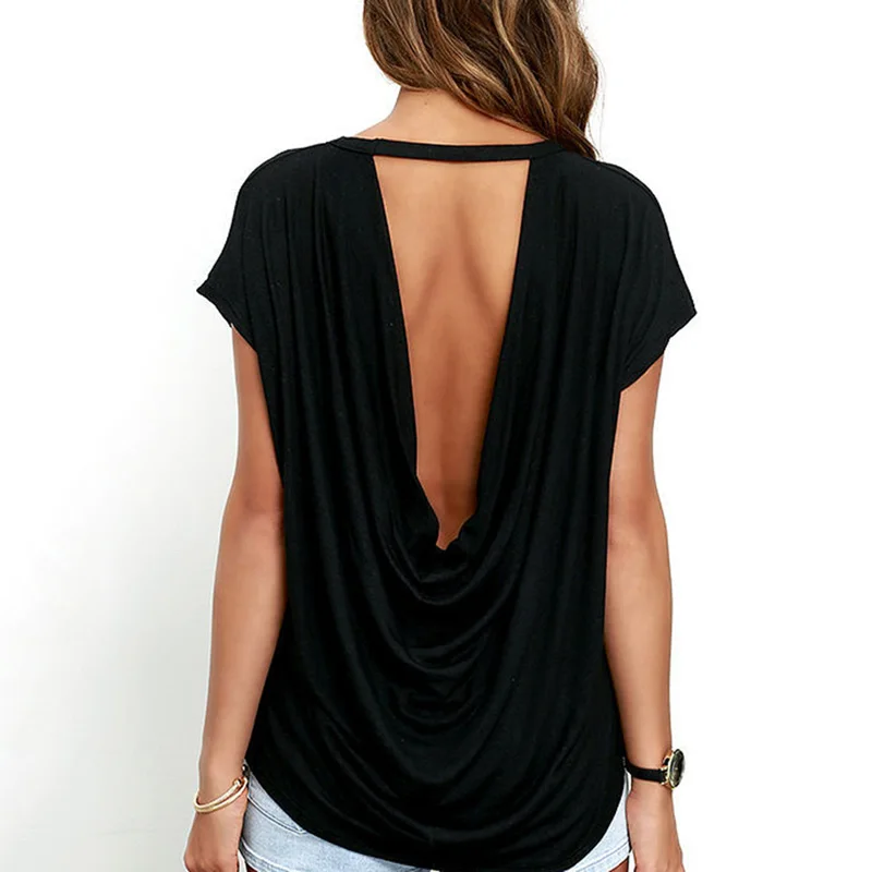 

Open Back T Shirt Women Casual Backless Short Sleeve Tshirt Summer Hot Clothing Loose O-Neck Tops Tees Black White