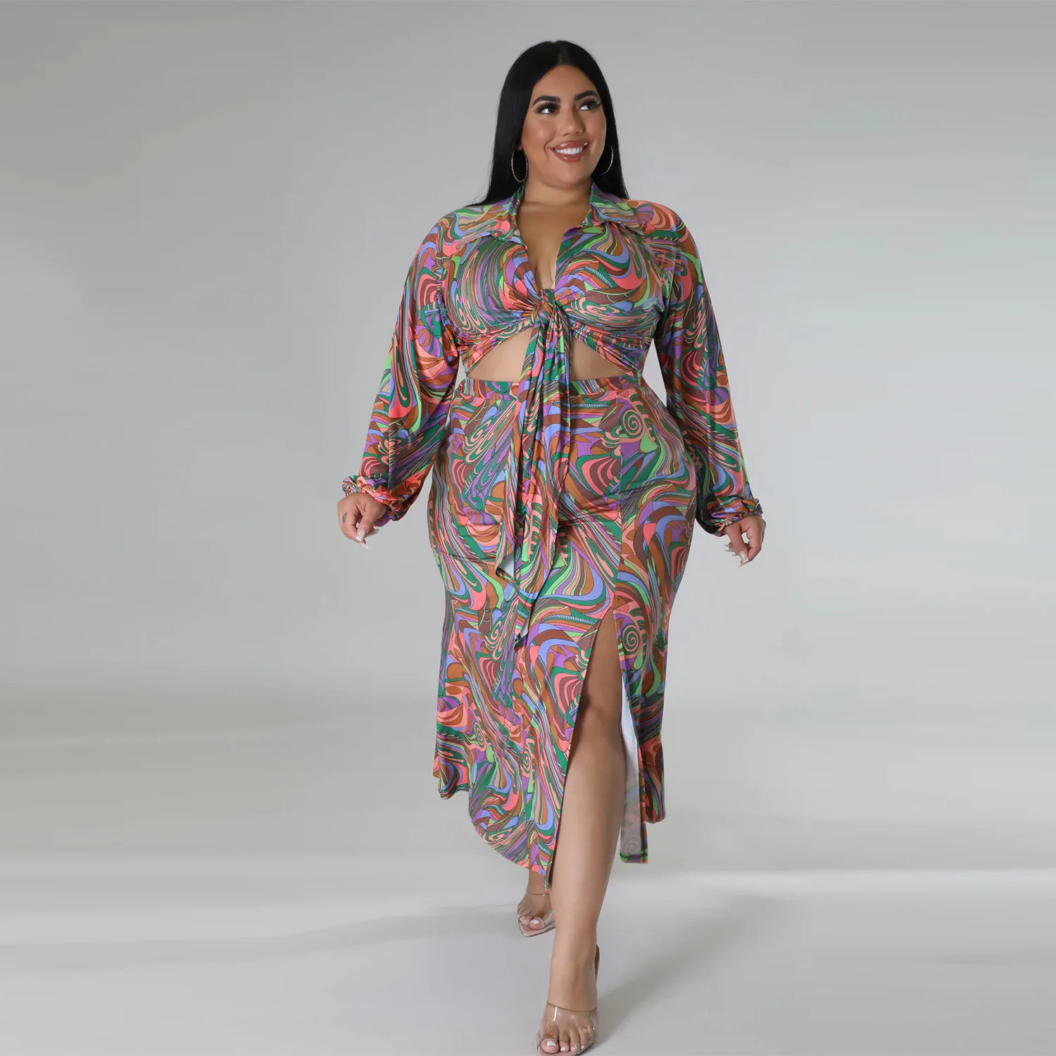 Plus Size Set Fashion Women's Printing Casual Lace Up Crop Top High Split Skirt Suit Ladies Large Street Matching Two-piece Set