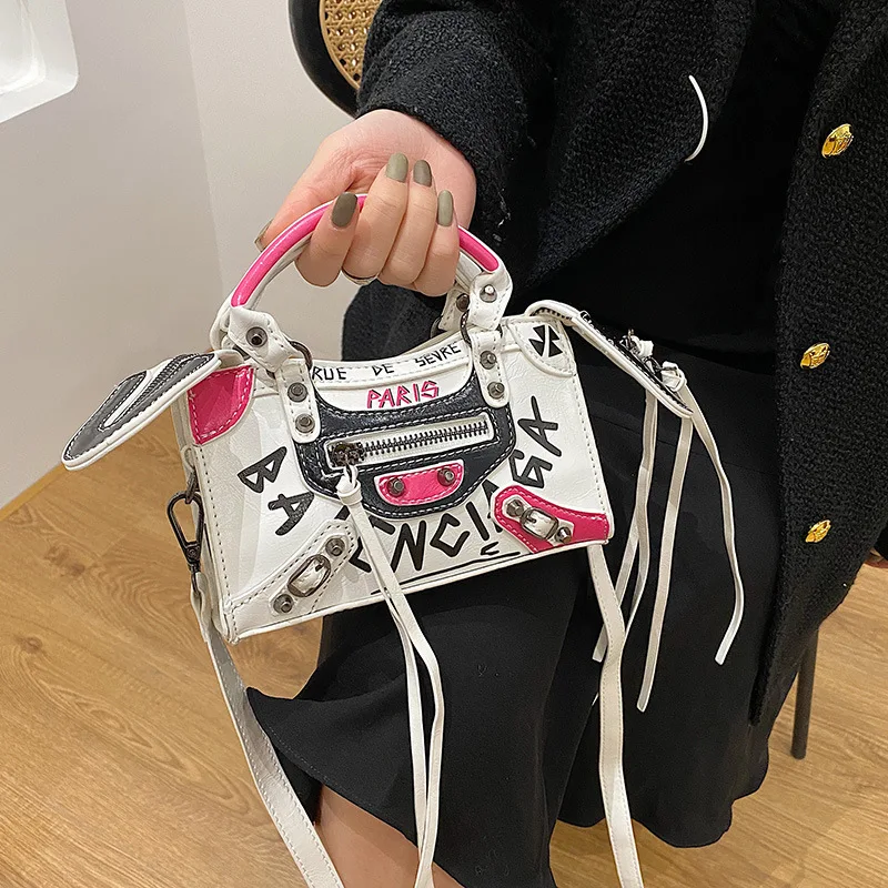 pu womens bag new 2022 fashion rivet graffiti ins messenger small square bag purses and handbags designer high quality free global shipping