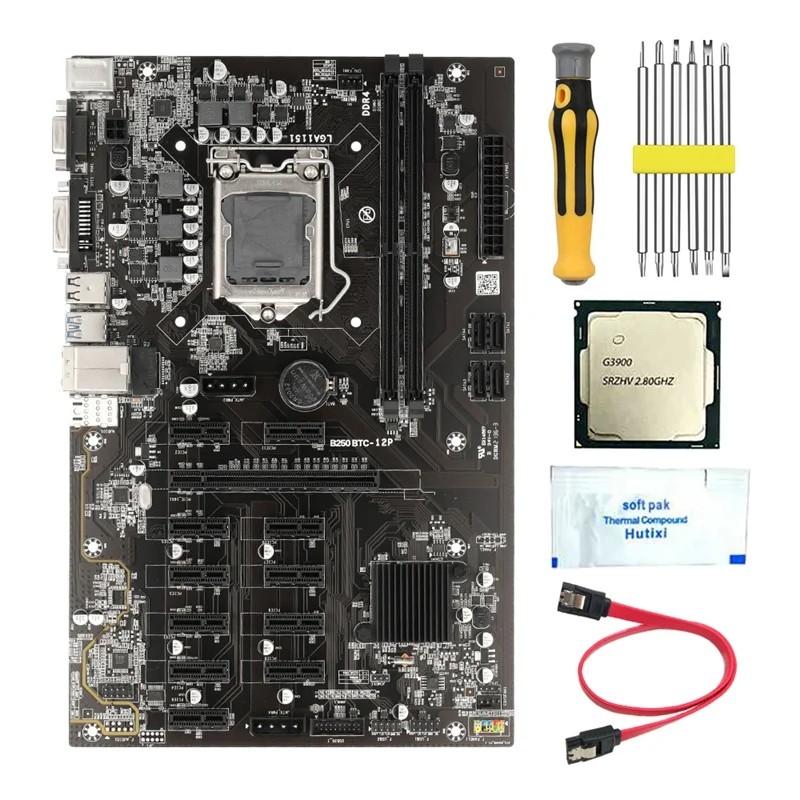 

B250 BTC Mining Motherboard With G3900 CPU+Thermal Grease+Screwdriver+SATA Cable 12 PCIE Slot LGA1151 DDR4 RAM SATA3.0